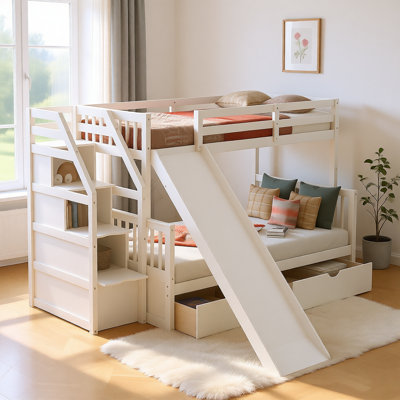 Twin over Full Bunk Bed with Slide, Drawers and Storage Shelves, Convertible Ladder, Safety Guardrails, Space-Saving Multifunction Design, Gray