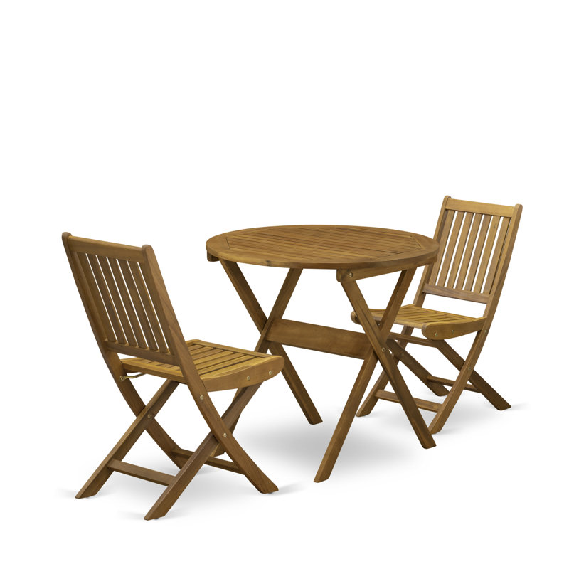 3 Piece Patio Bistro Sets Wood Folding Table Set Contains a Round Outdoor Acacia Wood Coffee Table and 2 Folding Side Chairs, Natural Oil