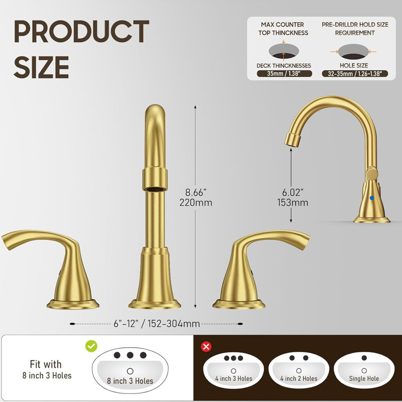 8 Inch 3 Hole 2 Handle Widespread Brushed Gold Bathroom Sink Faucet 2 Pack, Modern Bathroom Faucet With Metal Pop Up Drain And Water Supply Lines