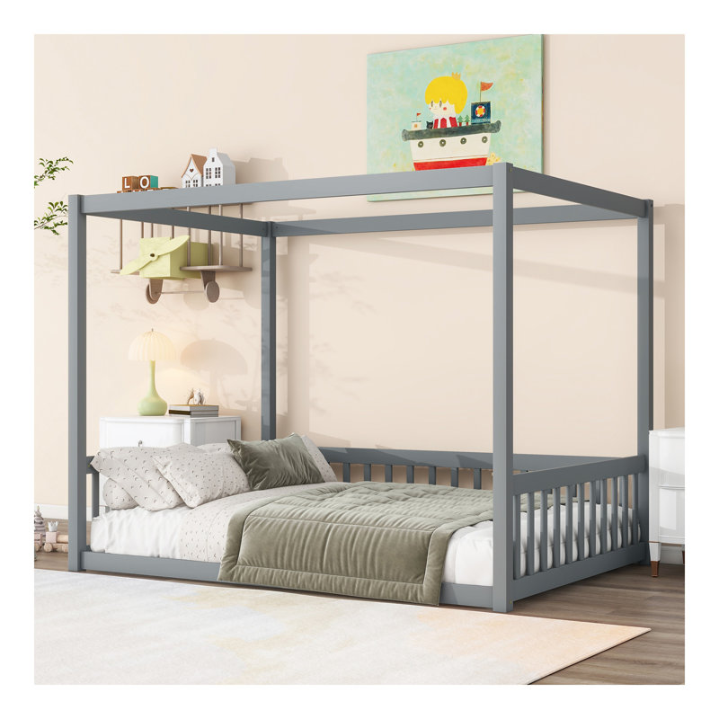 Lit double en bois d'hévéa avec clôture, garde-corps, gris