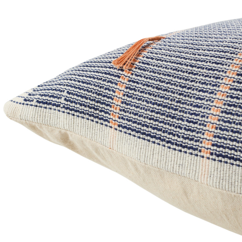 Navy and Silver Cotton Lumbar Pillow with Tassels