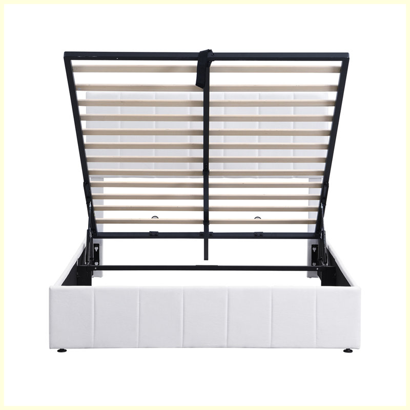 Lit plateforme tapissier moderne avec système de rangement hydraulique, Double, White