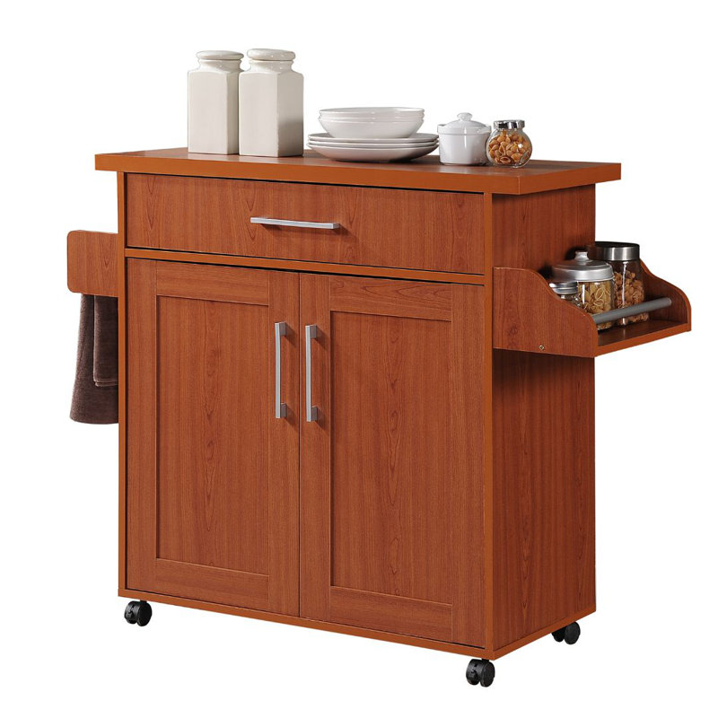 Kitchen Island with Spice Rack and Towel Holder, Storage Cart with Utensil Drawer, Interior Cabinet Storage and Locking Wheels