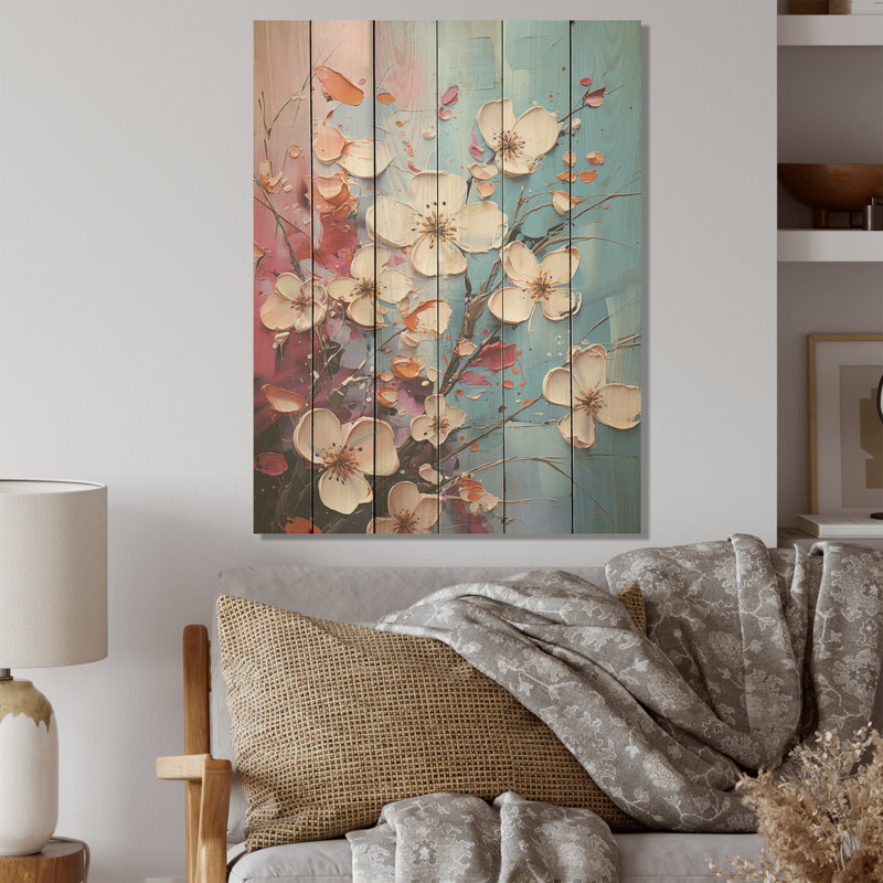 Bleu et rose cornouiller - art mural en bois de bois de cornouiller sur bois de pin naturel, H 40 po x l 30 po