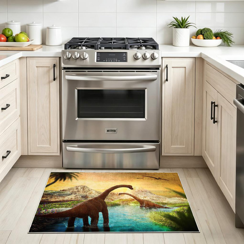Tapis d'intérieur lavable à la machine Green Fantasy Landscape Dinosaur Mountains Park
