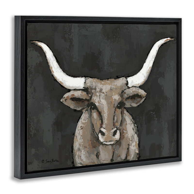 Longhorn sur cadre flottant gris sombre, design par Sara Baker, Cadre flottant noir de jais, H 17 po x l 21 po