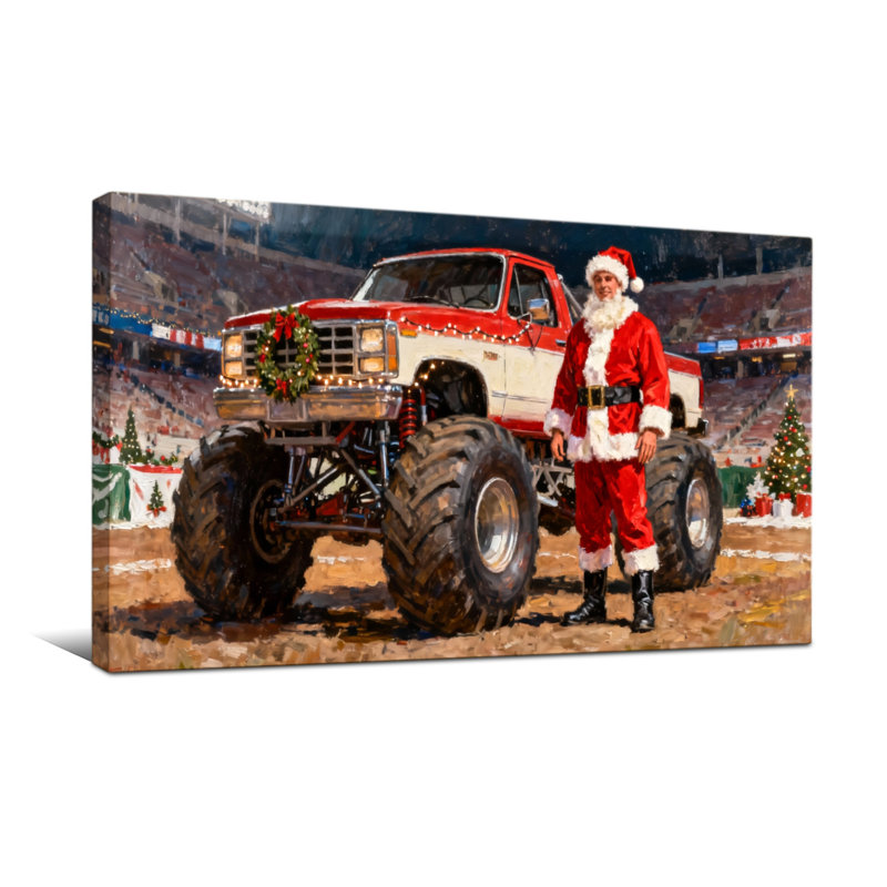 Scène de Noël de Noël père Noël avec camion monstre, H 28 po x l 58 po