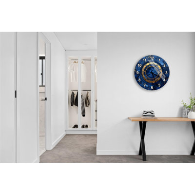 Horloge murale bleue en verre trempé, horloge décorative dorée, horloge ronde moderne, décoration intérieure