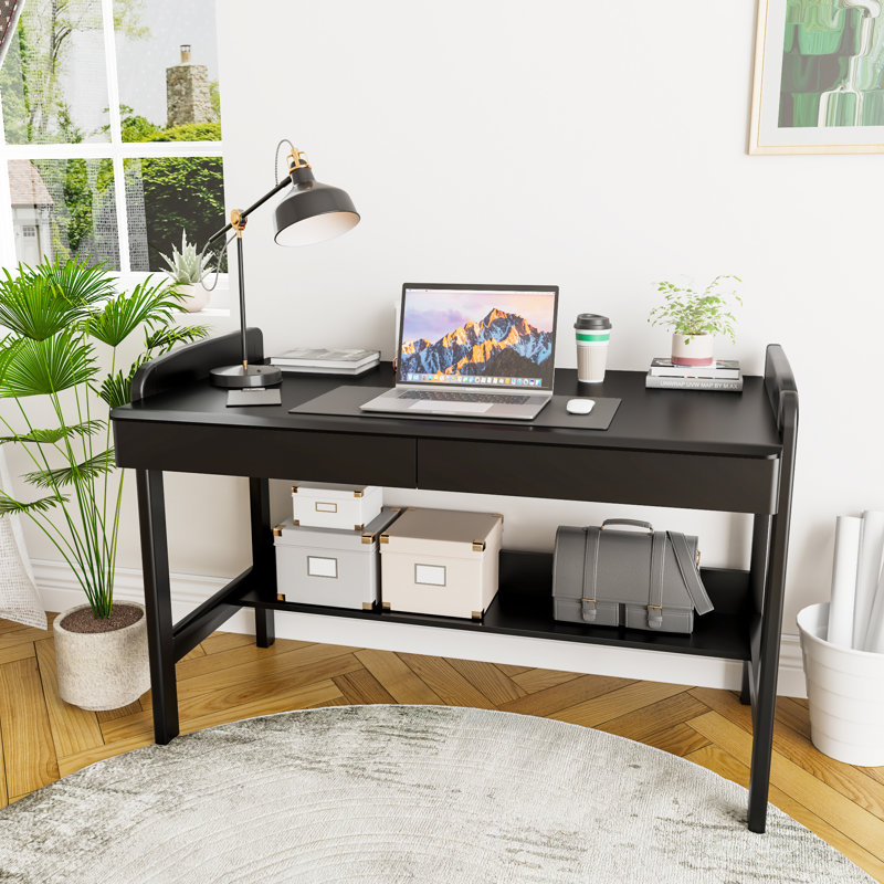 Solid Wooden Desk with Drawers, Manual Standing Desk Adjustable Height with Cable Hole, 31.7" H x 40.5'' W x 23.6'' D, Black