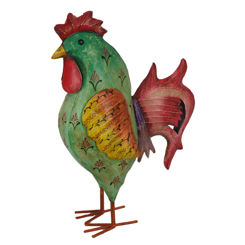 Vibrant Green Red Yellow Metal Rooster Garden Decor, 26 Inches
