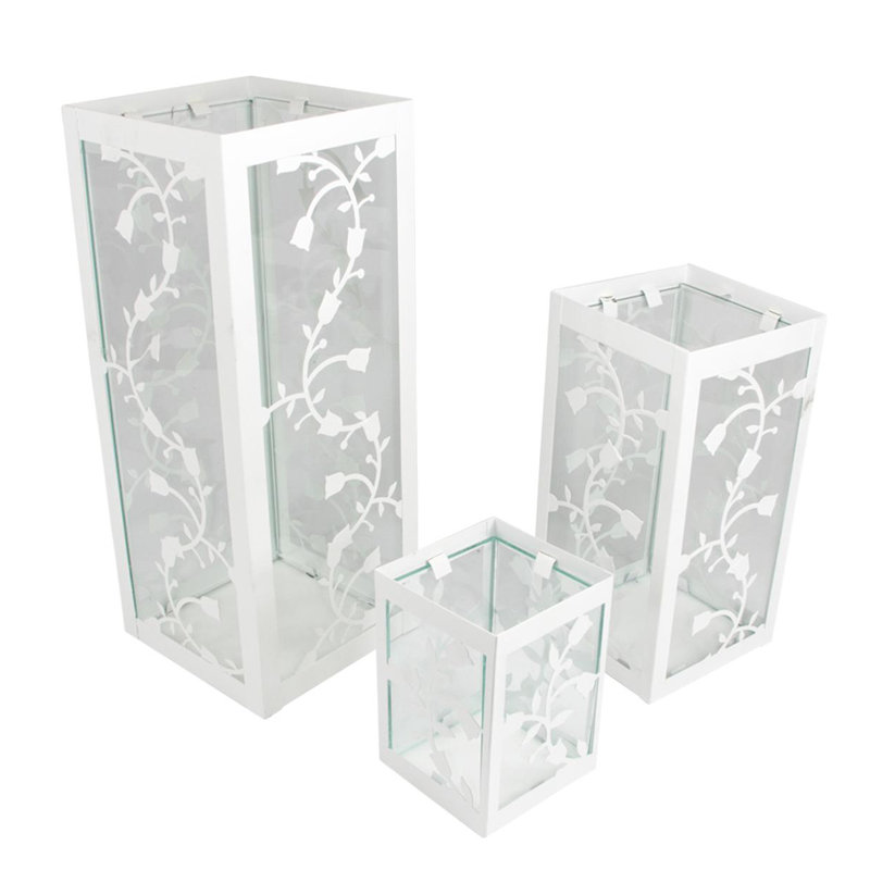 Set of 3 French Country Garden Floral Pillar Candle Holder Lanterns 12", White