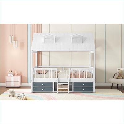 Solid Wood Full Size House Bed Frame, White-Toned Whimsical Sleep Structure for Residential Bedrooms