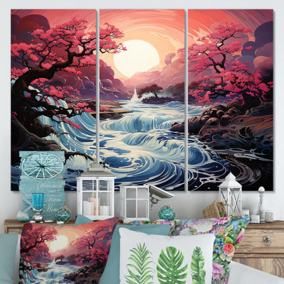 Japon, rivière rose, lever de soleil, rivière, art mural