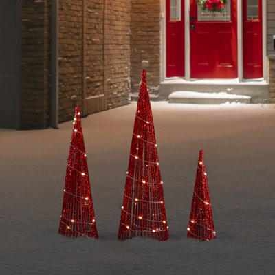 Set Of 3 LED Lighted Red Glitter Cone Tree Outdoor Christmas Decorations 23.5"