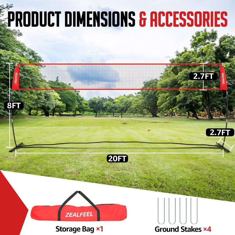Zealfeel Adjustable Portable 20ft Volleyball Training Net with Carry Bag for Outdoor Practice, 32.4" H x 240" W x 0.04" D