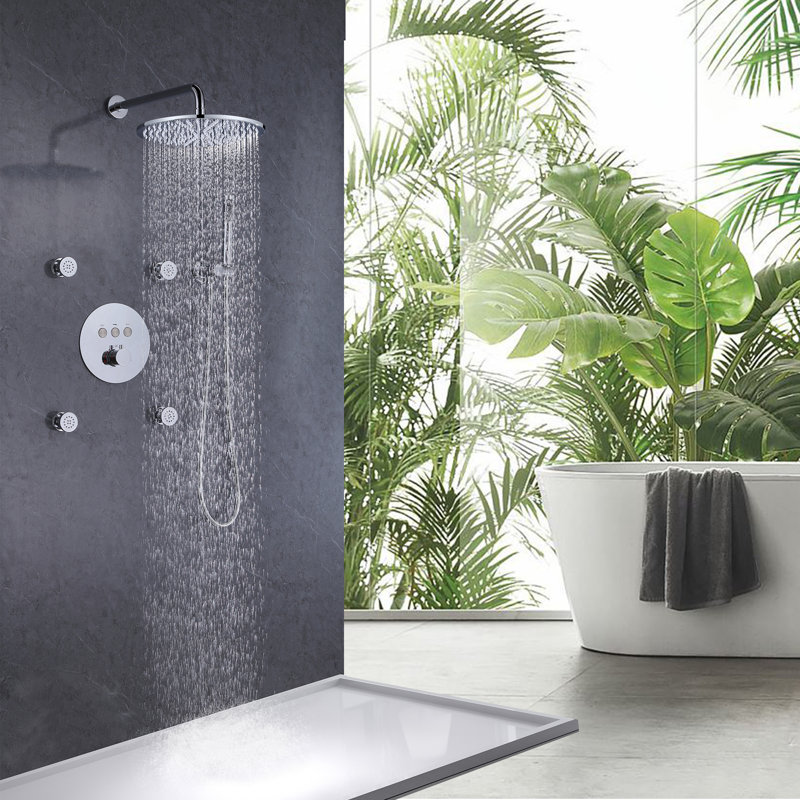 Système de douche thermostatique complet à 4 jets pour la salle de bain avec valve brute, Chrome