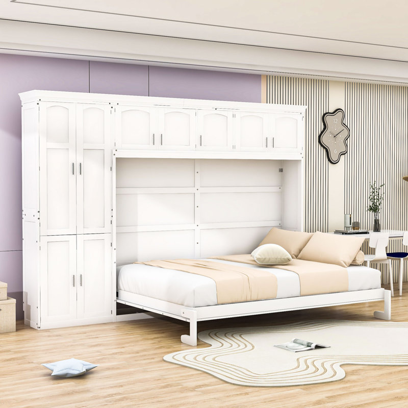 Grand lit escamotable en bois à deux tiroirs avec armoires Danesfield, Blanc