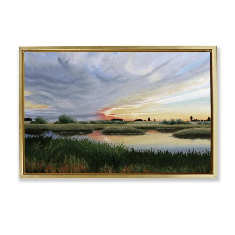 Cadre flottant Sunrise Over Pond, design par Julie Peterson, H 21 po x l 31 po, Cadre flottant métallique doré