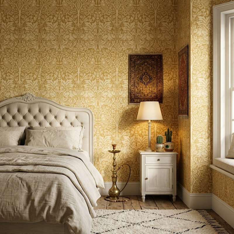 Papier peint damassé rétro floral doré et crème avec oiseaux, Non-Woven Non-Pasted
