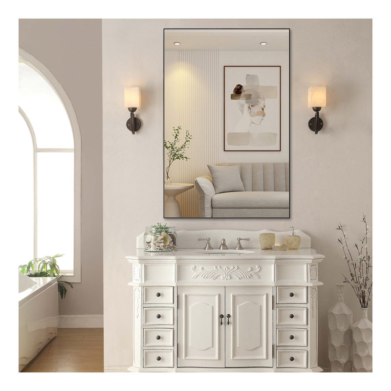 Miroir de salle de bain 48 po x 32 po rectangulaire moderne surdimensionné avec cadre, Noir