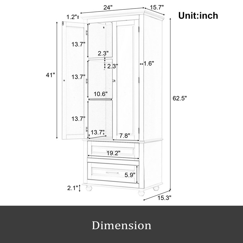 Grande armoire de rangement avec deux tiroirs pour la salle de bain / bureau, Grey