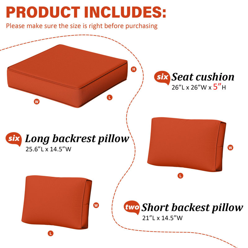 14-Piece Outdoor Replacement Cushion Set Seat/Back Cushion，26'' W X 26'' D，Only Cushions, Orange, 26" L x 26" W x 5" H