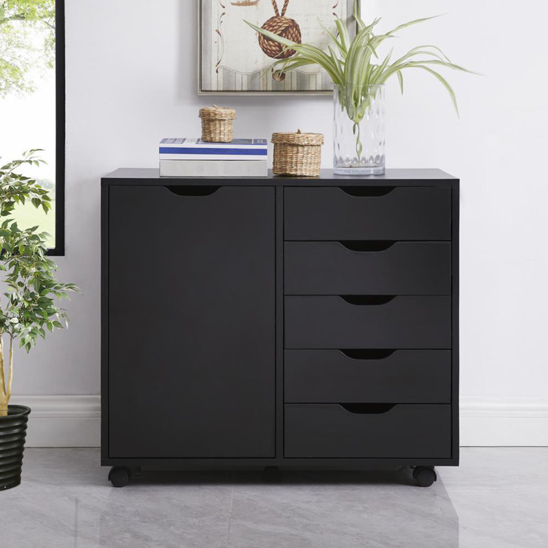 5-Drawer Office File Cabinet with Wheels – Wood Storage Cabinet & Drawer Dresser for Documents, Supplies & Clothes, Space-Saving Rolling Organizer for Home Workspace