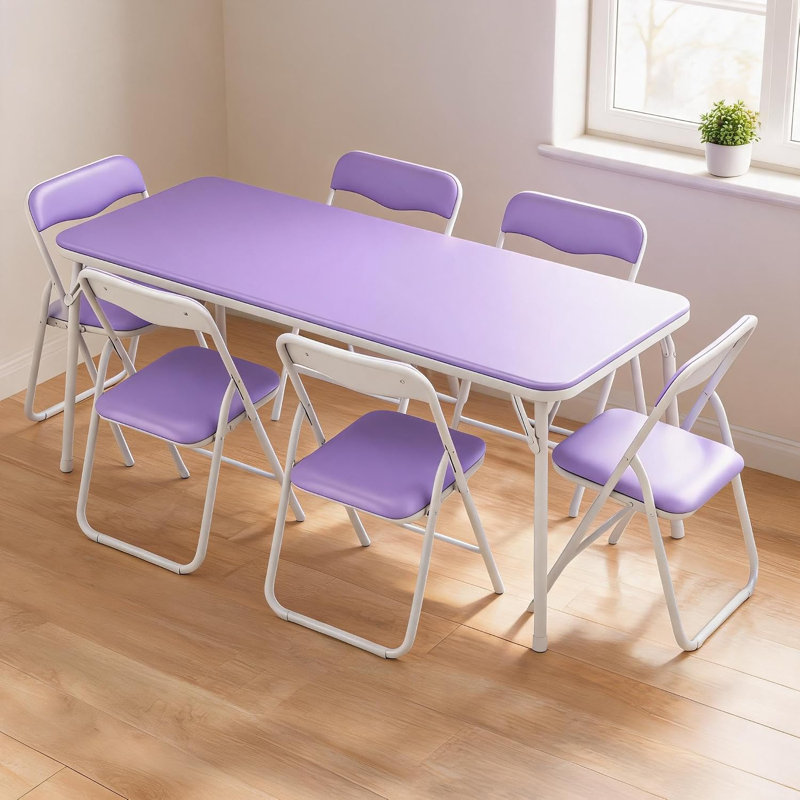 Table pliante pour enfants 7 pièces et 6 chaises, surface en similicuir, coins arrondis de sécurité, Mauve