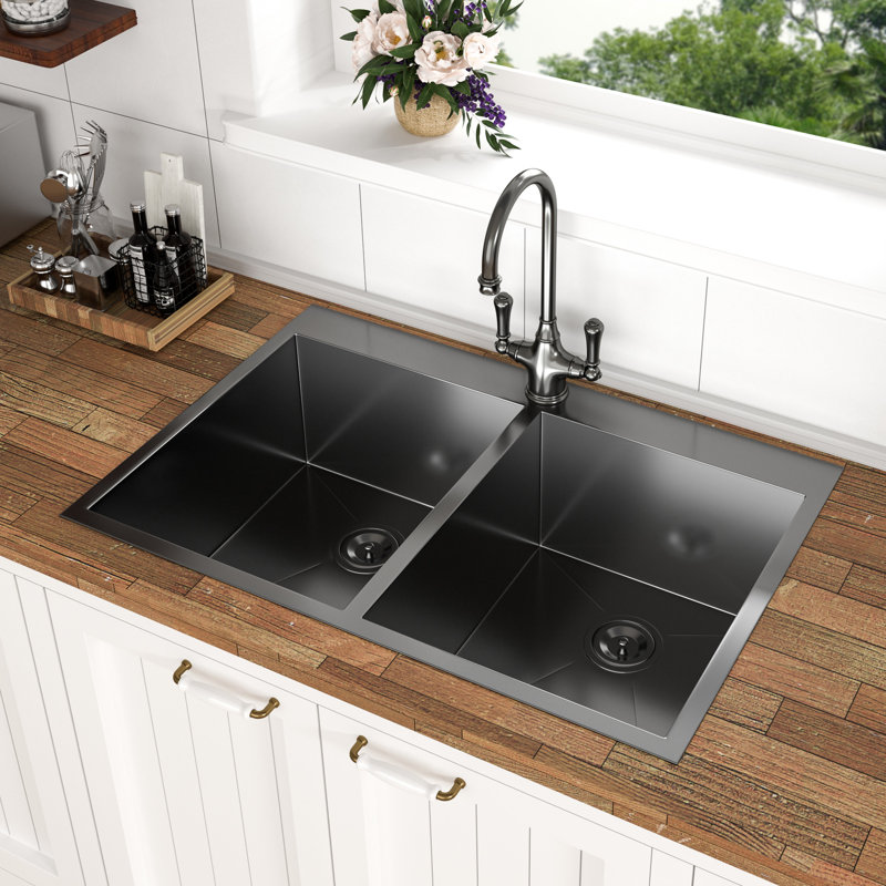 Gunmetal Black Double Bowl Sink - 33X22 Inch, 18 Gauge Stainless Steel, Long-Lasting Kitchen Steel 33"X22" Black, Bowl, Low Noise Level