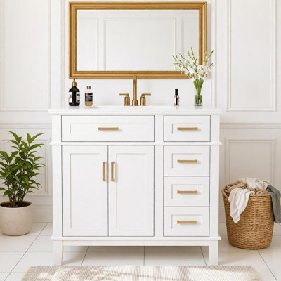 36" Modern Bathroom Vanity with Ceramic Sink, Soft Close Doors, 4 Drawers for Storage, Elegant Design for Small Bathrooms
