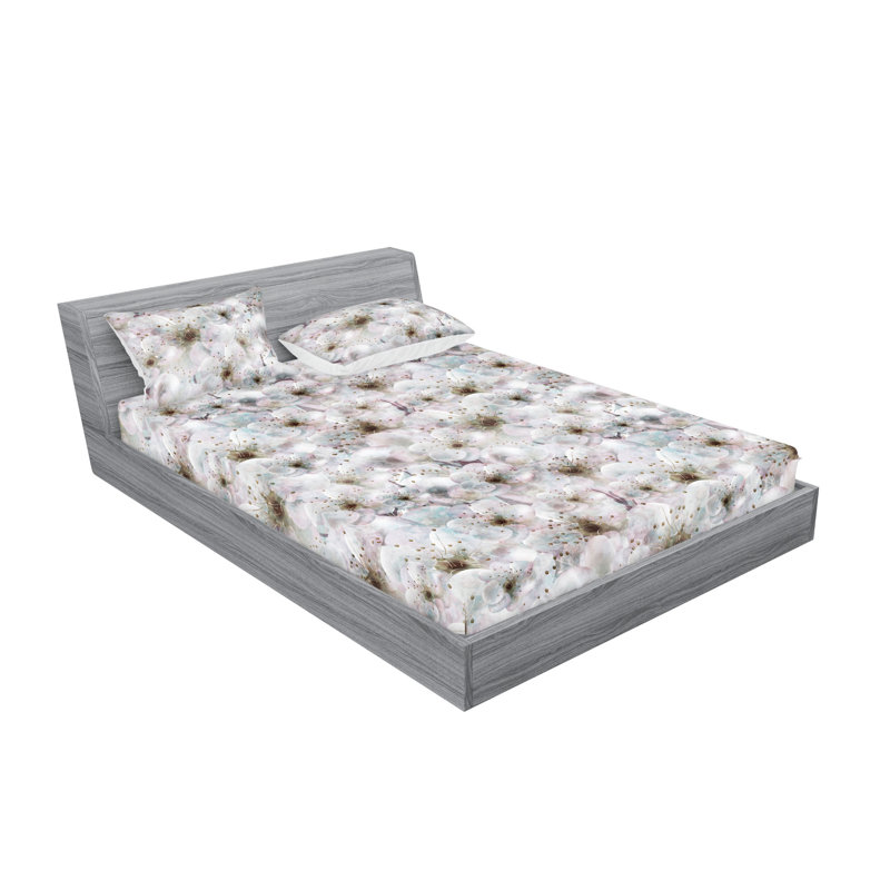 Ambesonne Fitted Sheet & Shams 3 Pcs Spring White Asters Calking Pistachio Green Mustard, Coconut Pearl/Dark Tan Floral