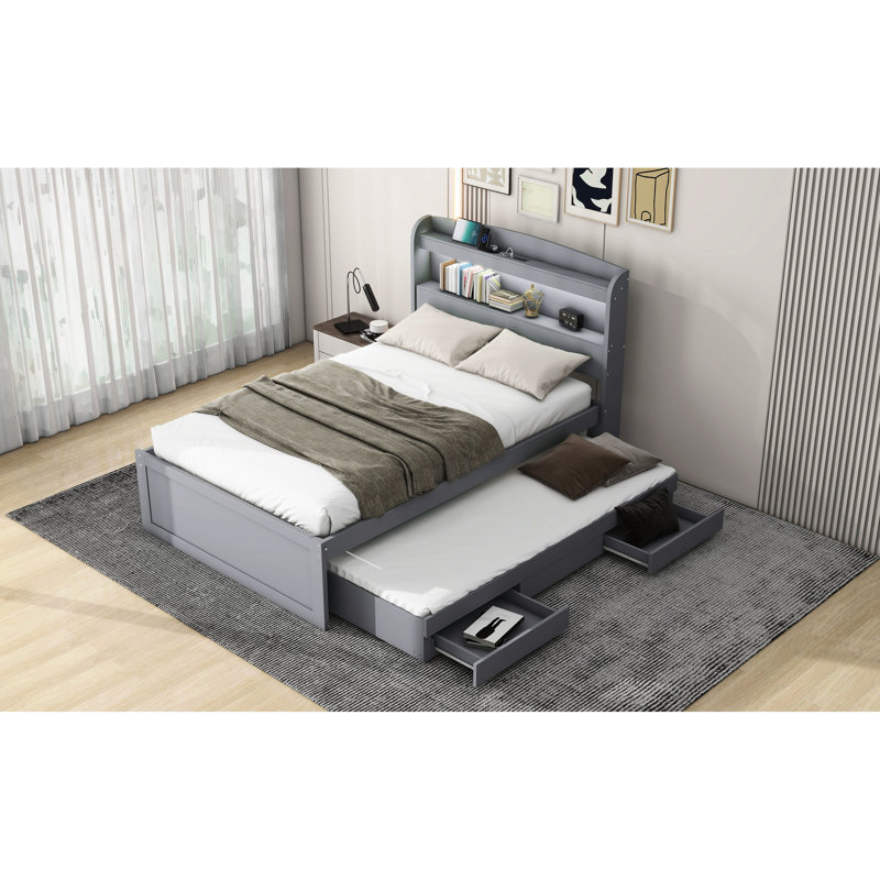 Twin Xl Platform Bed With Construction, Led Headboard, Gray Storage, Headboard And Charging Interface, Gray