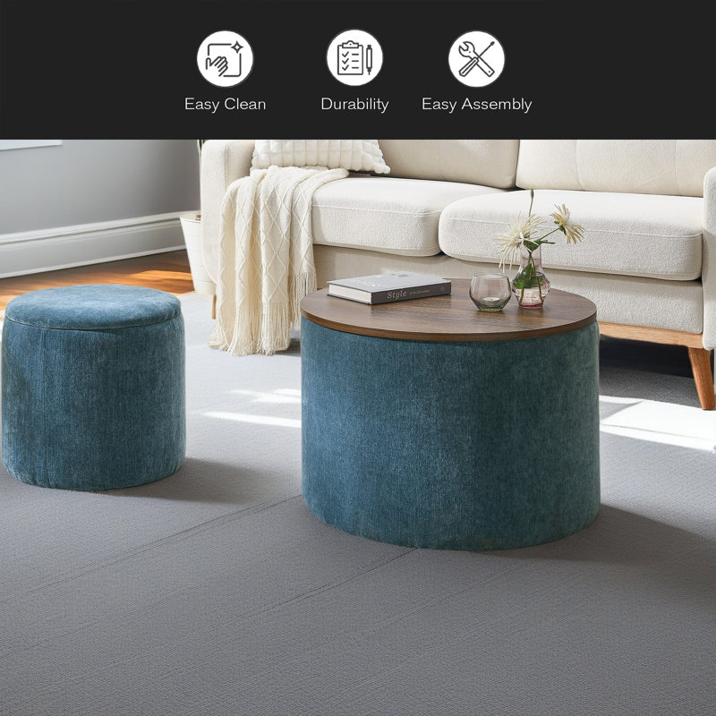 2-Piece Set Round Chenille Storage Ottoman, Equipped With A Drum Shaped Small Stool, Storage Space, And MDF Made Desktop Panel