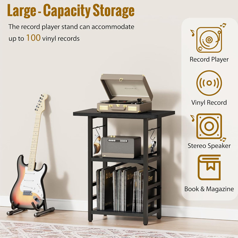Modern Record Player Stand With Extended Desktop, Vinyl Storage, And Display Shelf For Music Room Or Studio