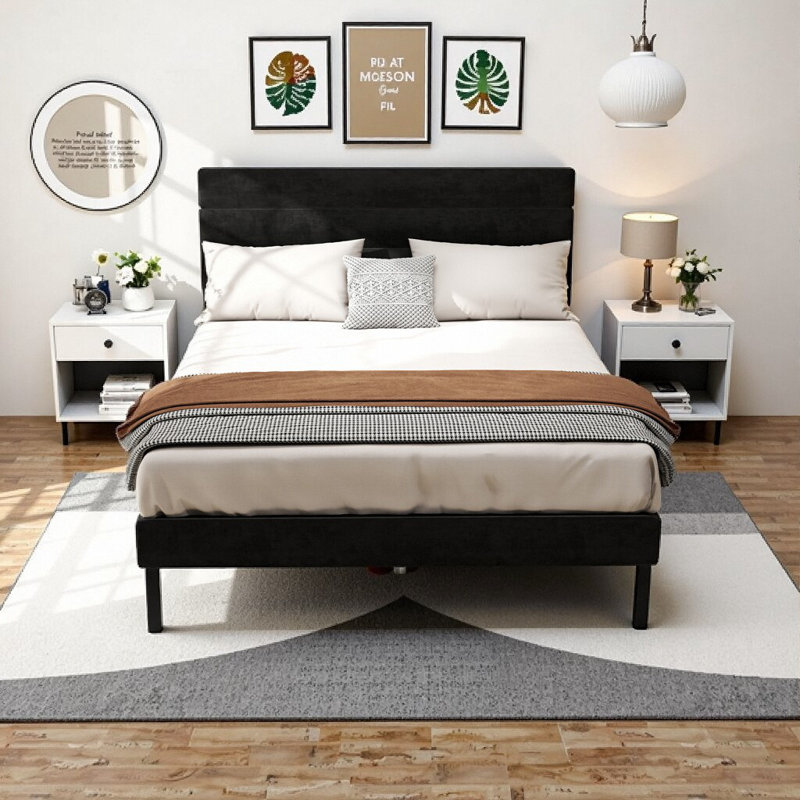 Velvet Upholstered Queen Bed Frame with Headboard – 14" Underbed Storage, Modern Platform Design, No Box Spring Needed, Black
