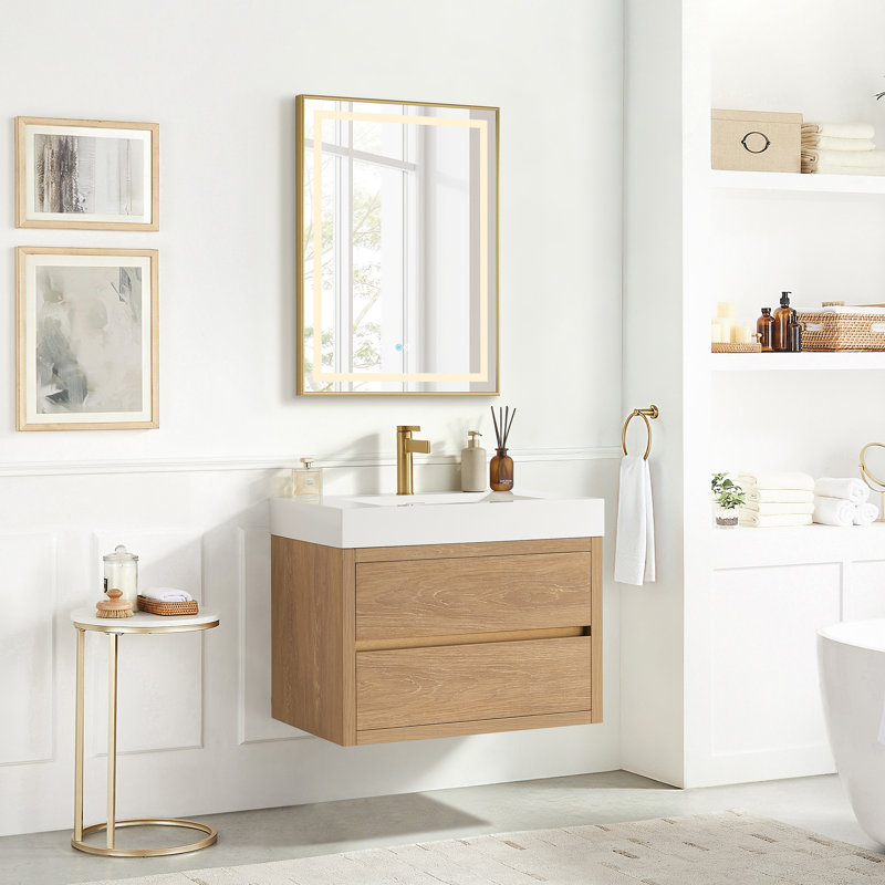 Wall-Mounted Single Bathroom Vanity Set with LED Mirror, North American Oak Finish, White, 30"