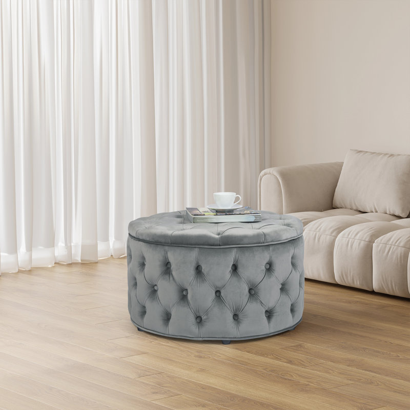 Amram Tufted Round Storage Ottoman, Grey Velvet