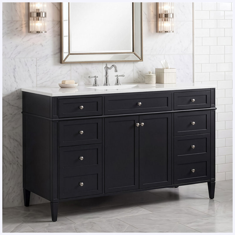 Meuble-lavabo autoportant 48 po avec comptoir en composite, 6 tiroirs et 2 portes, charnières à fermeture douce, poignées en métal argenté, noir, panneau de fibres à densité moyenne