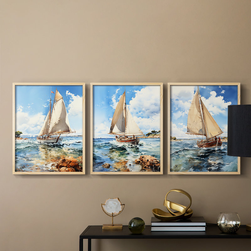 Série Sea and Shore LXIX - Ensemble de 3 estampes numériques encadrées - Prêt à être accroché, Naturel, H 10 po x l 8 po