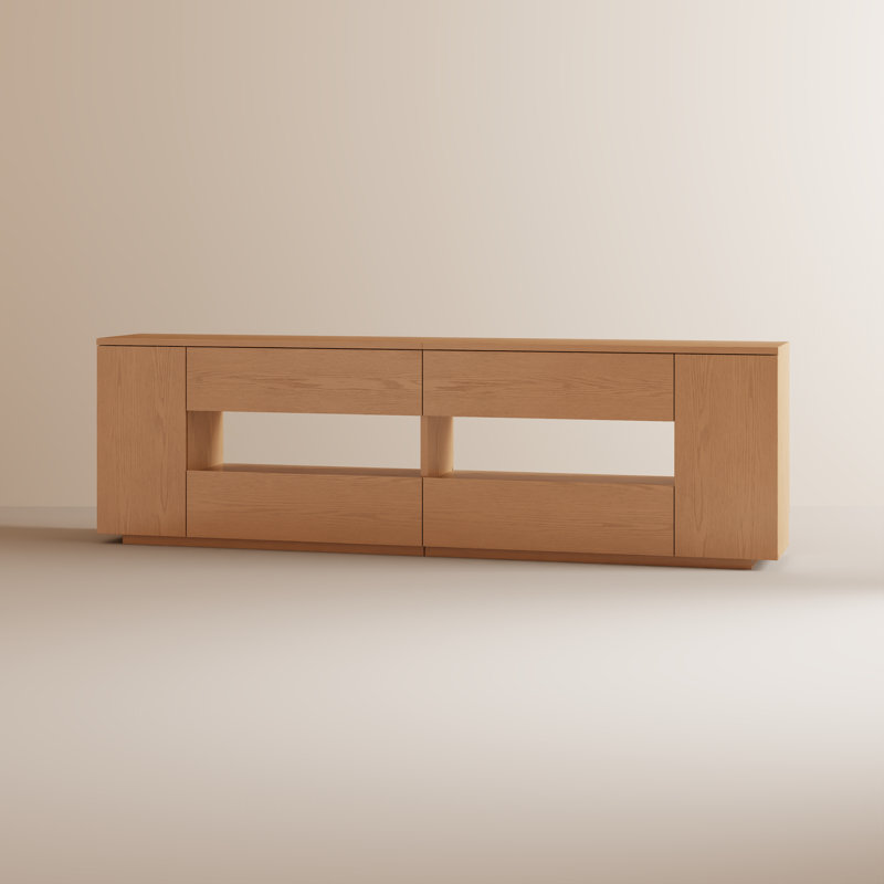  Minimalist Retro Wooden TV Stand with Multi Storage Drawers & Open Cubbies, Tan