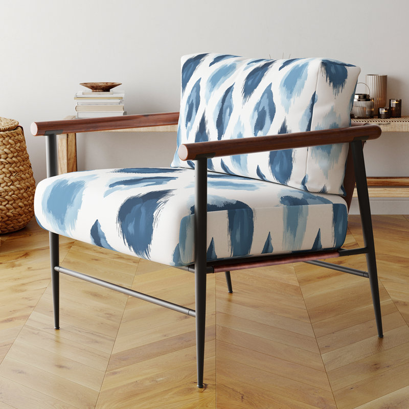 Chaise d'appoint moderne - Fauteuil bleu et blanc Ikat, Bras ronds bruns