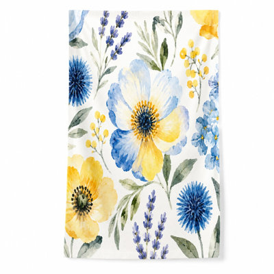 1Pcs Watercolor Floral Beach Towel, featuring vibrant yellow and blue flowers with green leaves on a white background. Large, absorbent for, pool, travel, camping, unisex.