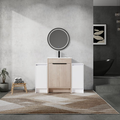 Meuble-lavabo autoportant avec lavabo en céramique et armoires de rangement, porte à fermeture douce