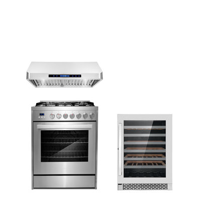 3 Piece Kitchen Package With 30" Freestanding Gas Range 30" Under Cabinet Range Hood 48 Bottle Single Zone Wine Refrigerator