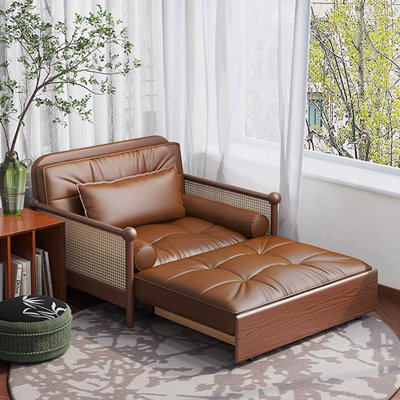 New retro Small-sized single-person Multi-functional leisure chair with leather folding for sofa bed The adjustable backrest can be pulled out of the sofa bed
