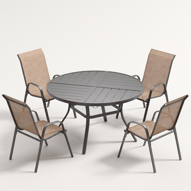 Ensemble de salle à manger d'extérieur rond pour 4 personnes avec chaises empilables, Black/Brown