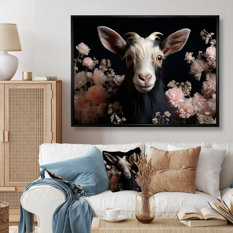 Portrait de chèvre blanc et rose - art mural animal de chèvre, Cadre flottant noir, H 16 po x l 32 po x P 1 po