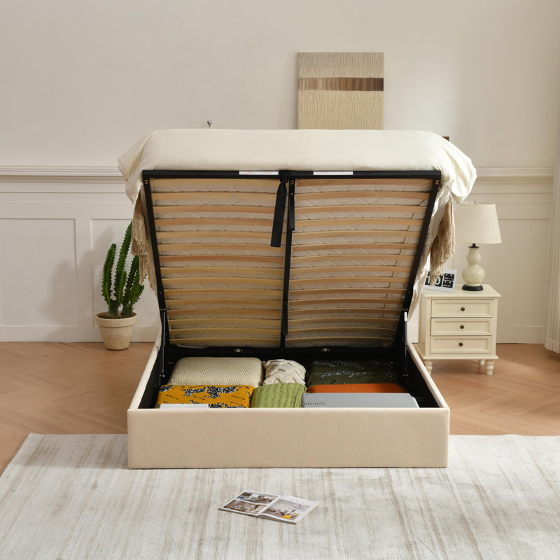 Braud Upholstered Hydraulic Lift Up Storage Bed Without Headboard, Queen, Beige