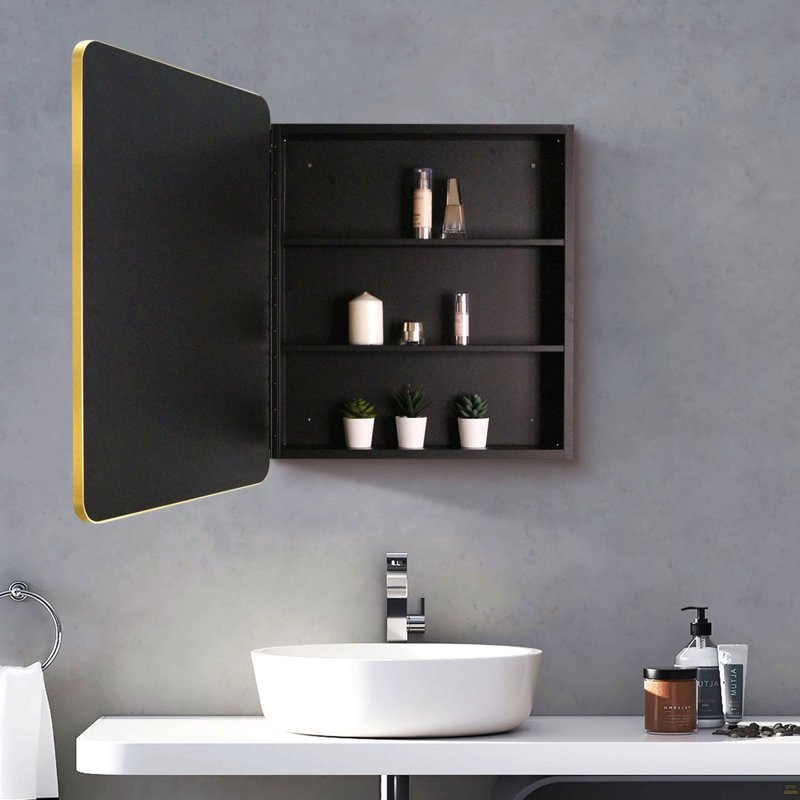 Armoire à pharmacie 24 po x 30 po à fixation murale ou encastrée en métal doré avec miroir