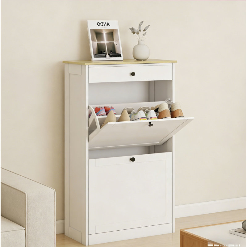 Double Flip-Down Drawer Shoe Cabinet, White/Light Yellow 